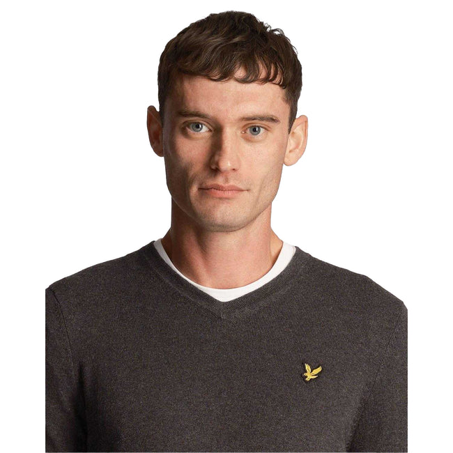 Charcoal - Side - Lyle & Scott Mens Merino Cotton V Neck Jumper
