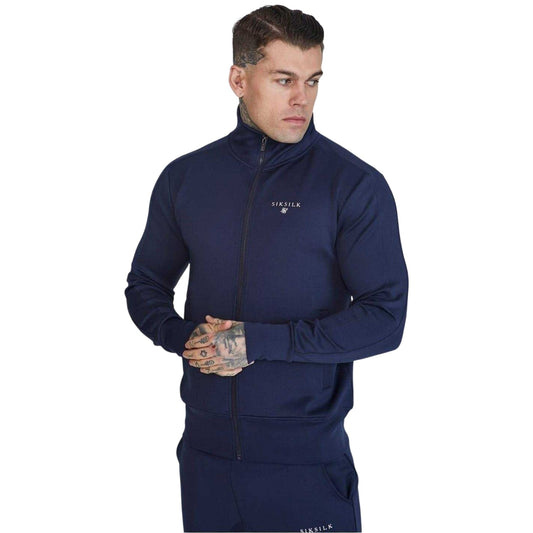 Navy - Front - SikSilk Mens Logo Funnel Neck Slim Track Top