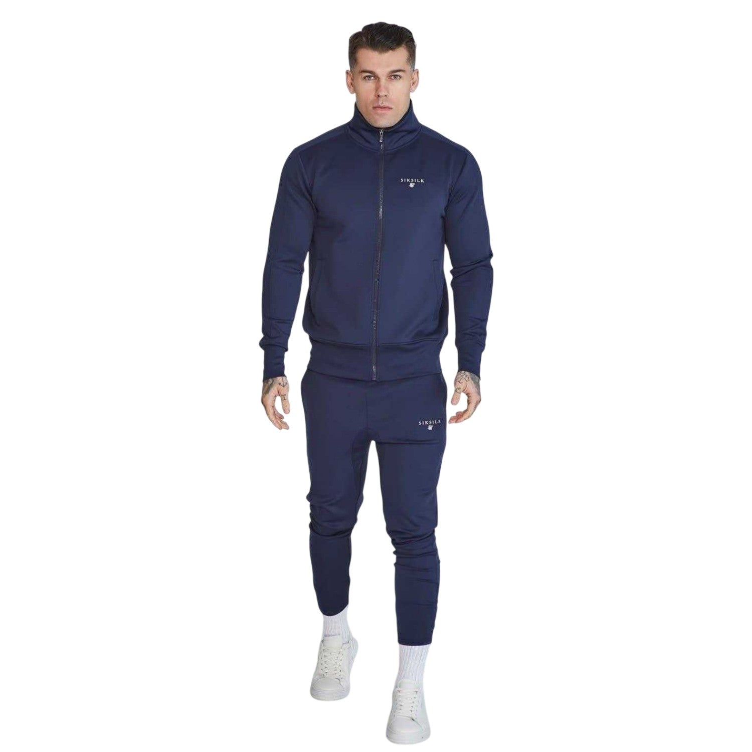Navy - Lifestyle - SikSilk Mens Logo Funnel Neck Slim Track Top