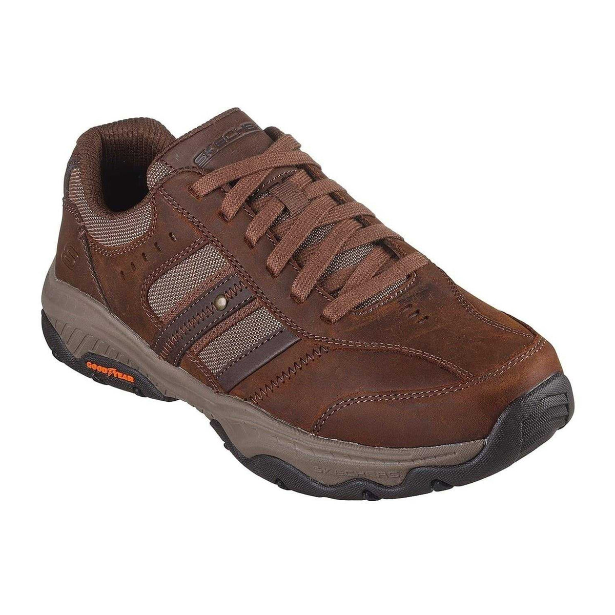 Dark Brown - Pack Shot - Skechers Mens Leather Round Toe Flat Walking Shoes