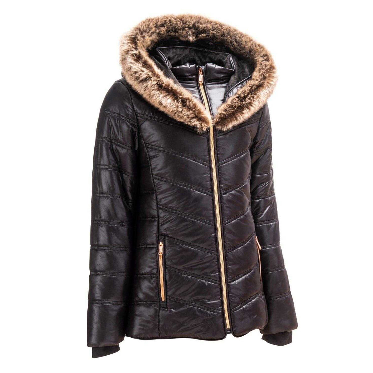 Black - Side - Firetrap Girls Luxe Bubble Faux Fur Hood Puffer Jacket