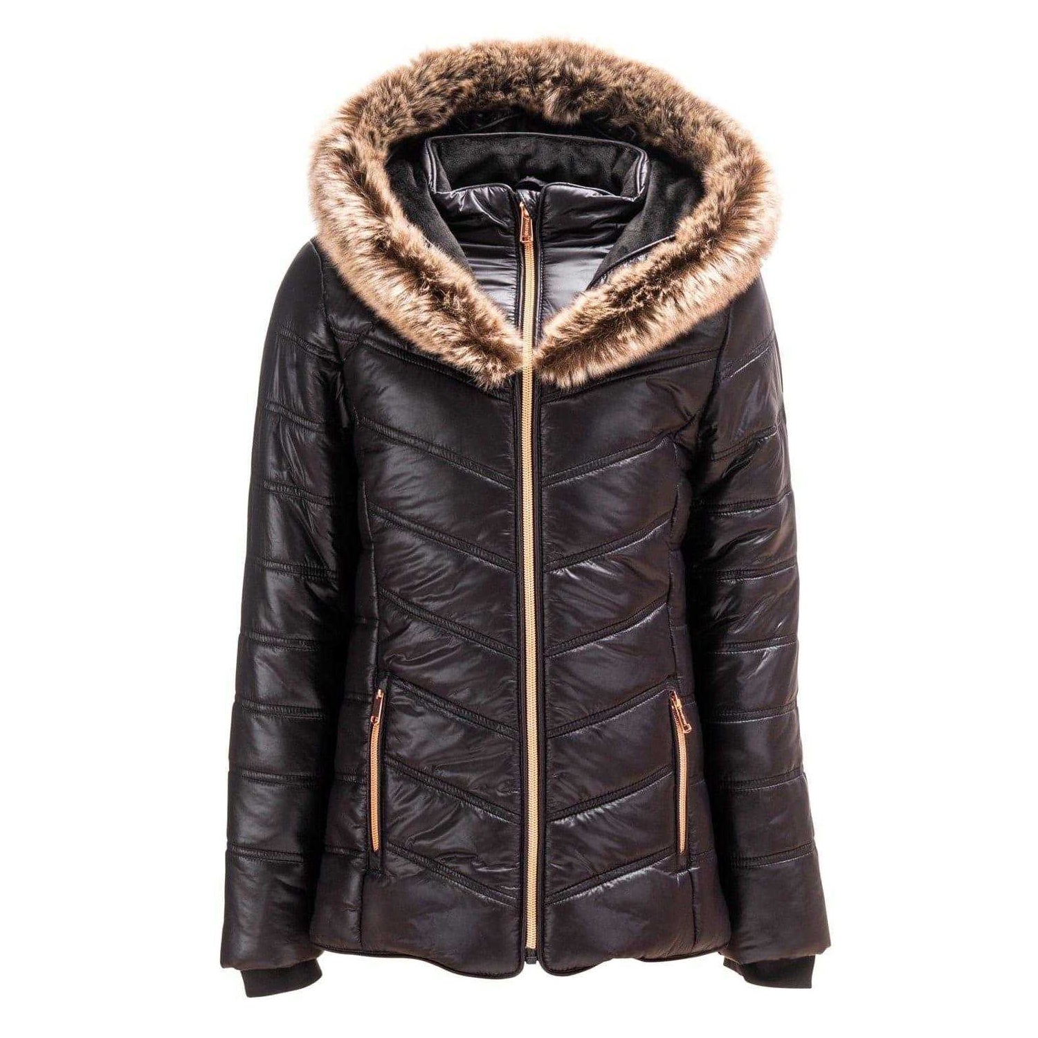 Black - Front - Firetrap Girls Luxe Bubble Faux Fur Hood Puffer Jacket
