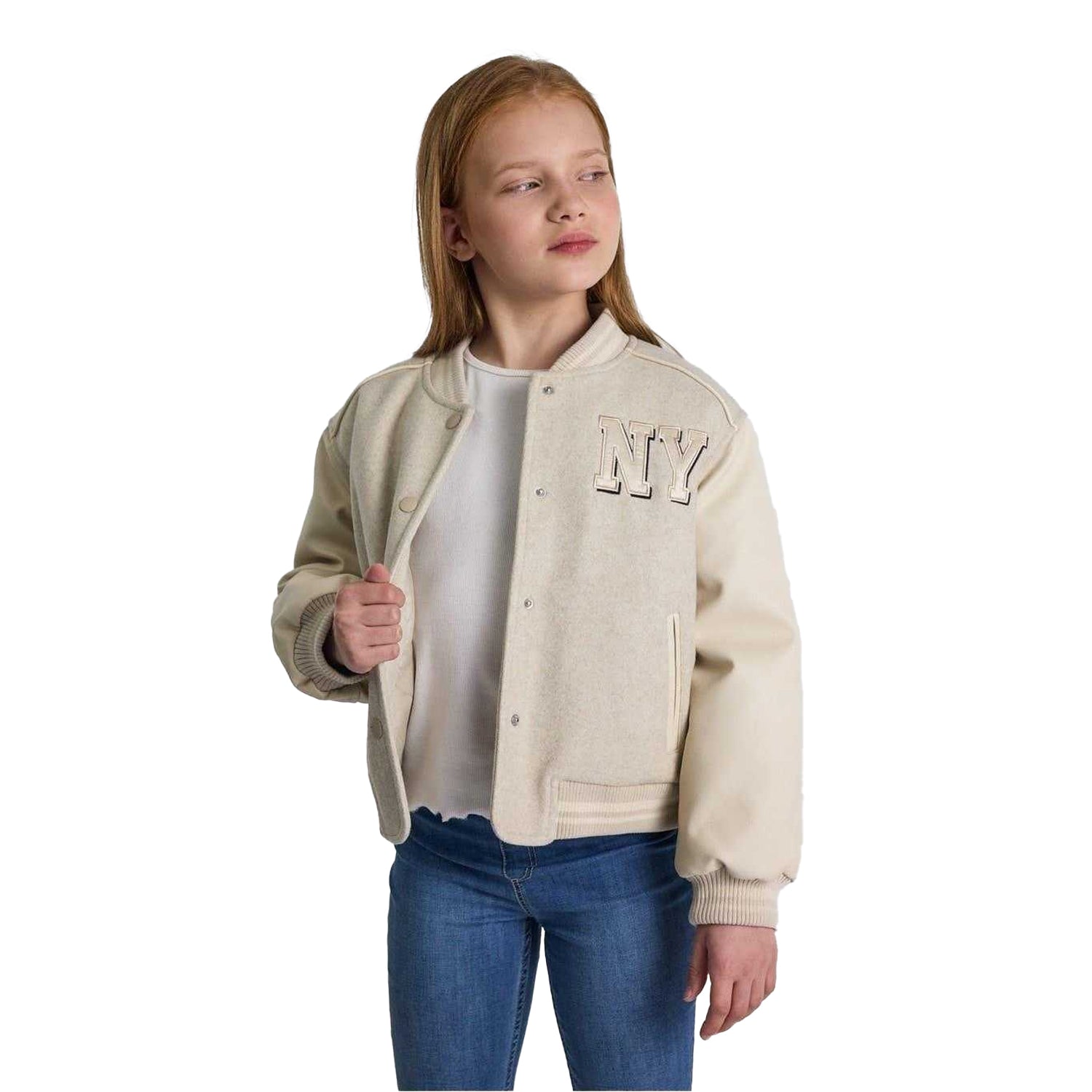 Mottled Beige - Lifestyle - Minoti Girls New York Patch Varsity Jacket