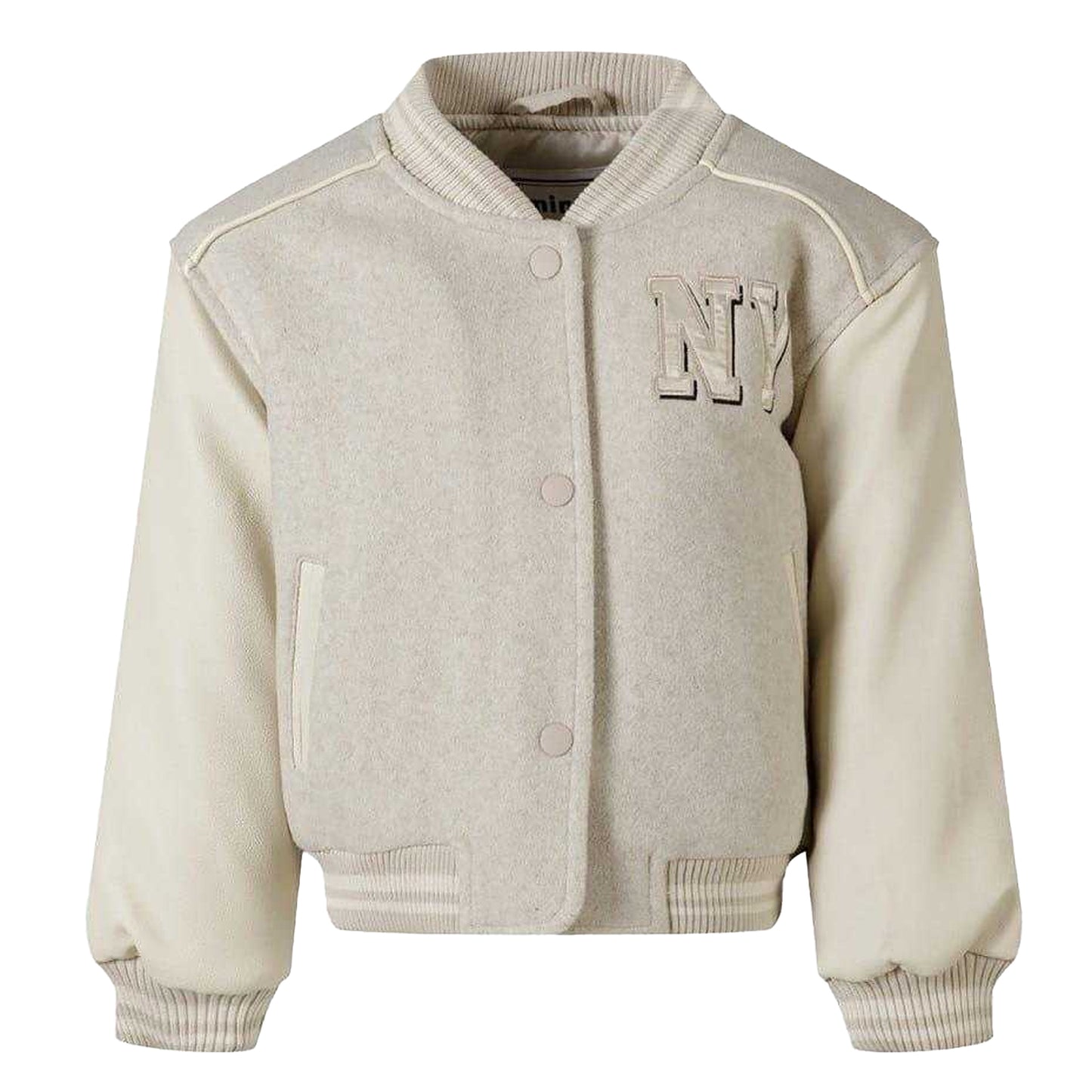 Mottled Beige - Front - Minoti Girls New York Patch Varsity Jacket