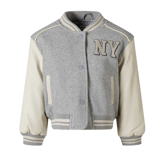 Light Grey - Front - Minoti Girls New York Contrast Appliqué Patch Varsity Jacket