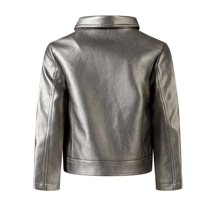Silver - Back - Minoti Girls Metallic Biker Jacket