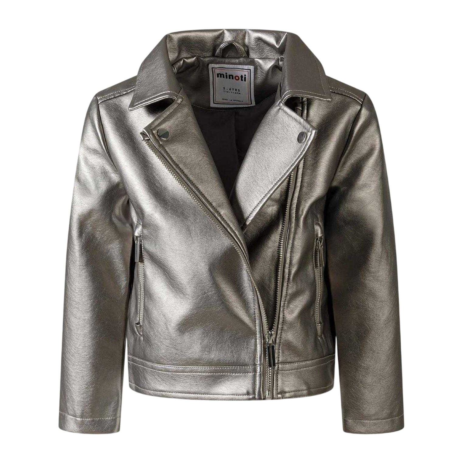 Silver - Side - Minoti Girls Metallic Biker Jacket