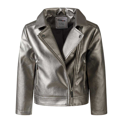 Silver - Side - Minoti Girls Metallic Biker Jacket