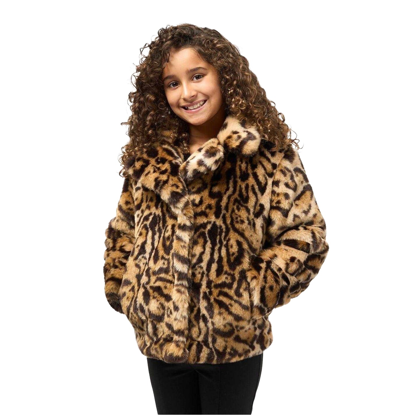 Brown-Black - Side - Biba Girls Leopard Print Faux Fur Jacket