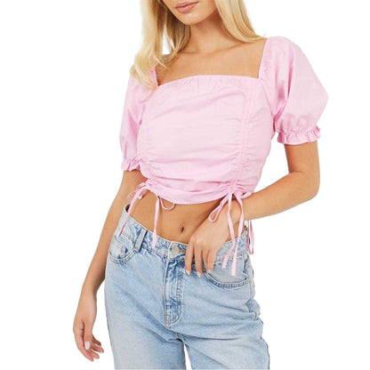 Pink - Front - Brave Soul Womens-Ladies Puff Sleeve Crop Top