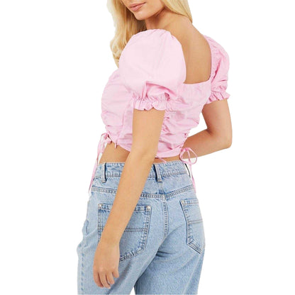 Pink - Back - Brave Soul Womens-Ladies Puff Sleeve Crop Top