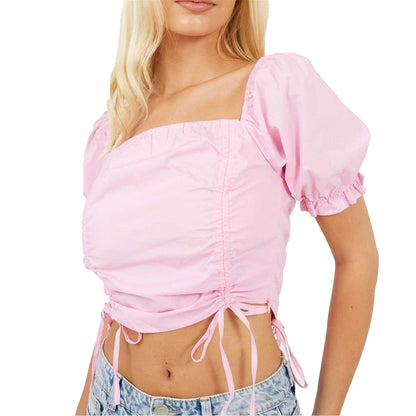 Pink - Side - Brave Soul Womens-Ladies Puff Sleeve Crop Top