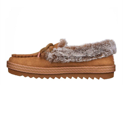 Chestnut - Side - Skechers Womens-Ladies Cozy Kiss Leather Flat Moccasin Slippers