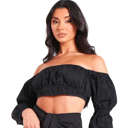 Black - Back - Missy Empire Womens-Ladies Puff Sleeve Bardot Top