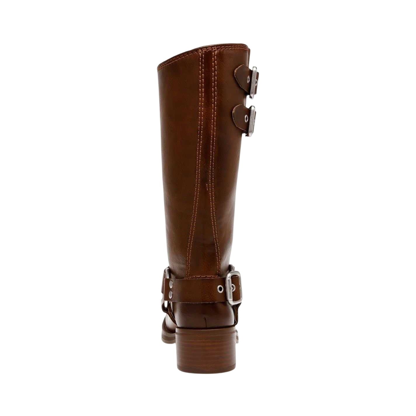 Brown - Back - Steve Madden Womens-Ladies Eastern Leather Buckle Detail Motorcycle Boots