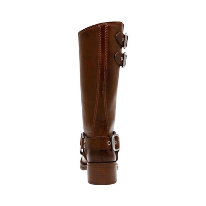 Brown - Back - Steve Madden Womens-Ladies Eastern Leather Buckle Detail Motorcycle Boots