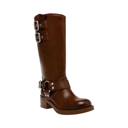 Brown - Side - Steve Madden Womens-Ladies Eastern Leather Buckle Detail Motorcycle Boots