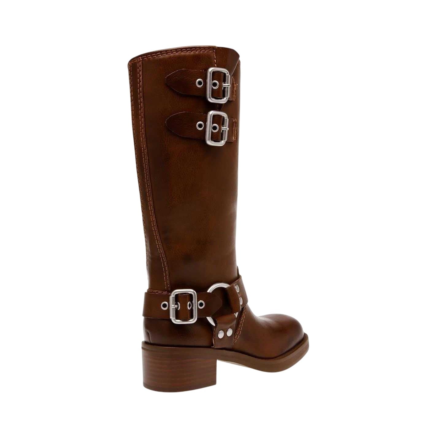 Brown - Lifestyle - Steve Madden Womens-Ladies Eastern Leather Buckle Detail Motorcycle Boots