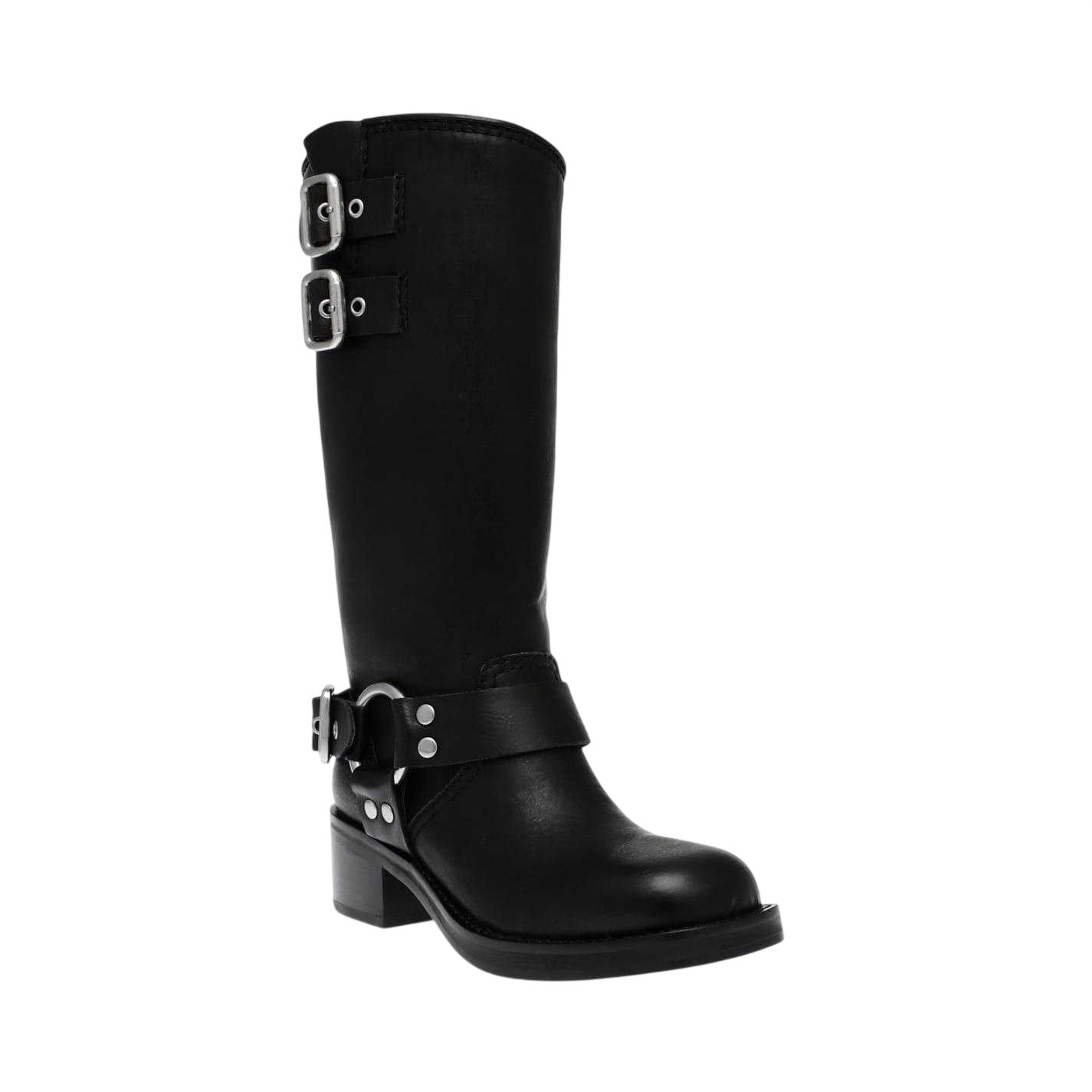 Black - Side - Steve Madden Womens-Ladies Eastern Leather Buckle Detail Motorcycle Boots