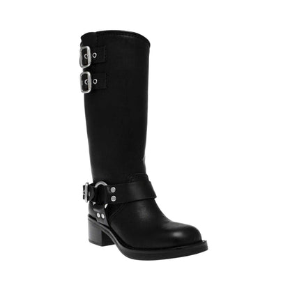 Black - Side - Steve Madden Womens-Ladies Eastern Leather Buckle Detail Motorcycle Boots