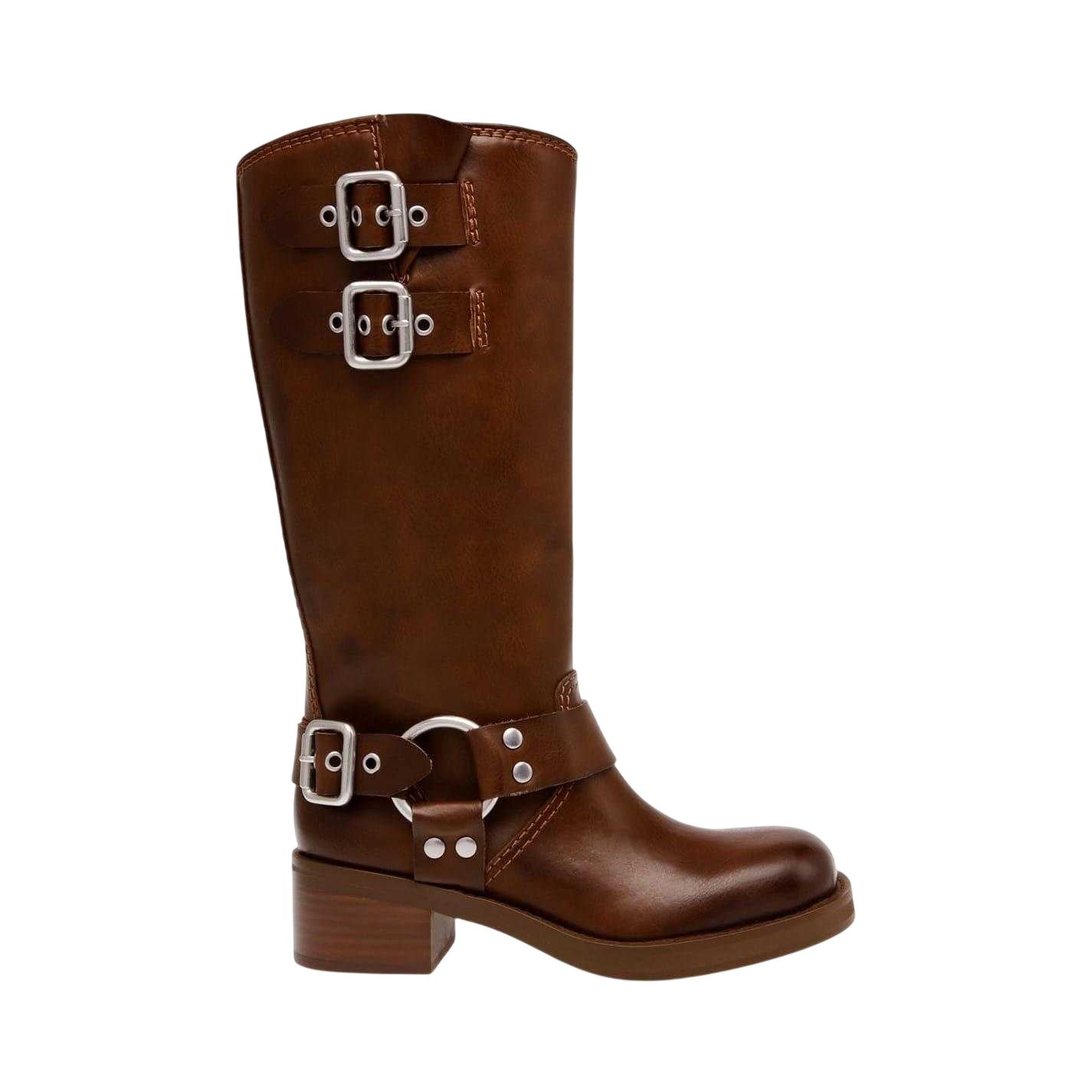 Brown - Front - Steve Madden Womens-Ladies Eastern Leather Buckle Detail Motorcycle Boots