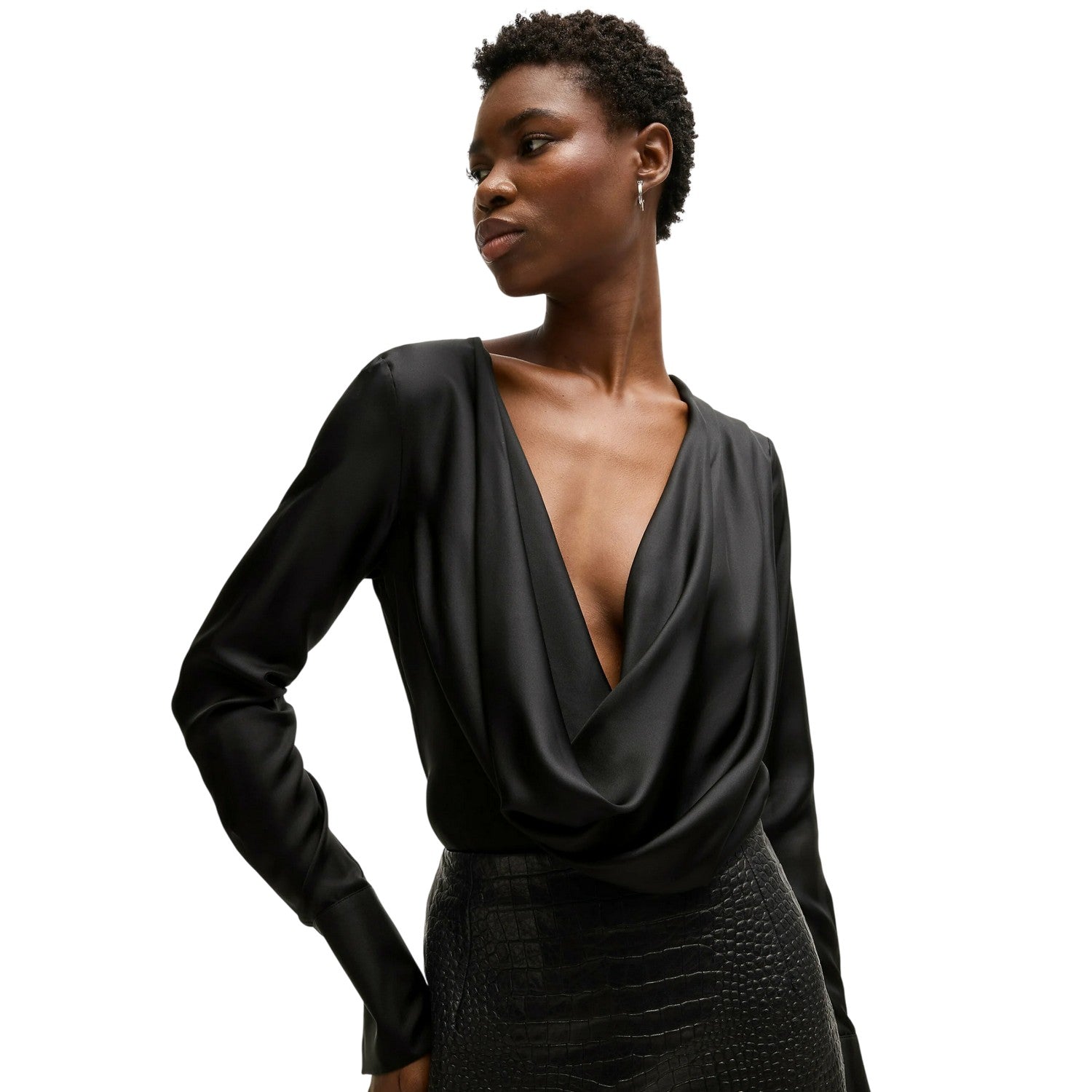 Black - Side - Boss Womens-Ladies Satin Cowl Neck Blouse