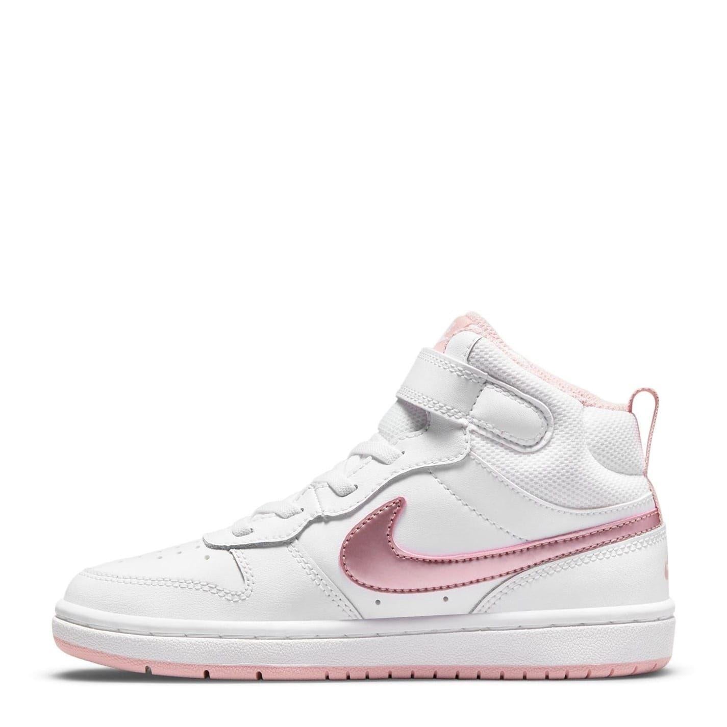 White-Light Pink - Front - Nike Childrens-Kids Court Borough Swoosh Leather High Tops
