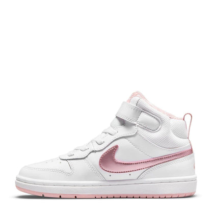 White-Light Pink - Front - Nike Childrens-Kids Court Borough Swoosh Leather High Tops