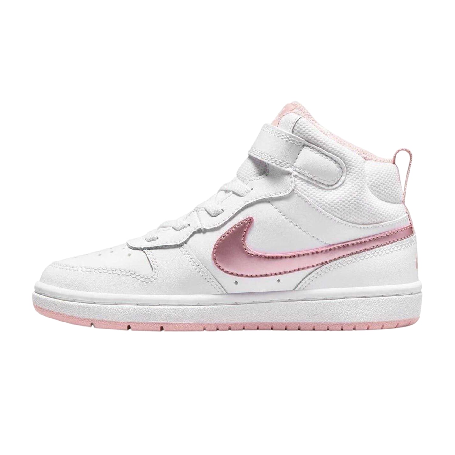 White-Pink - Side - Nike Childrens-Kids Court Borough Swoosh Leather High Tops