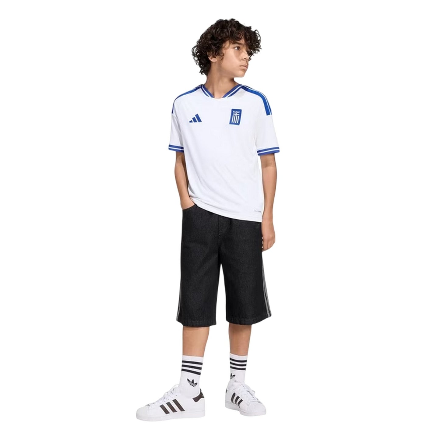White-Blue - Pack Shot - Adidas Childrens-Kids Greece Home 2026 Football Shirt