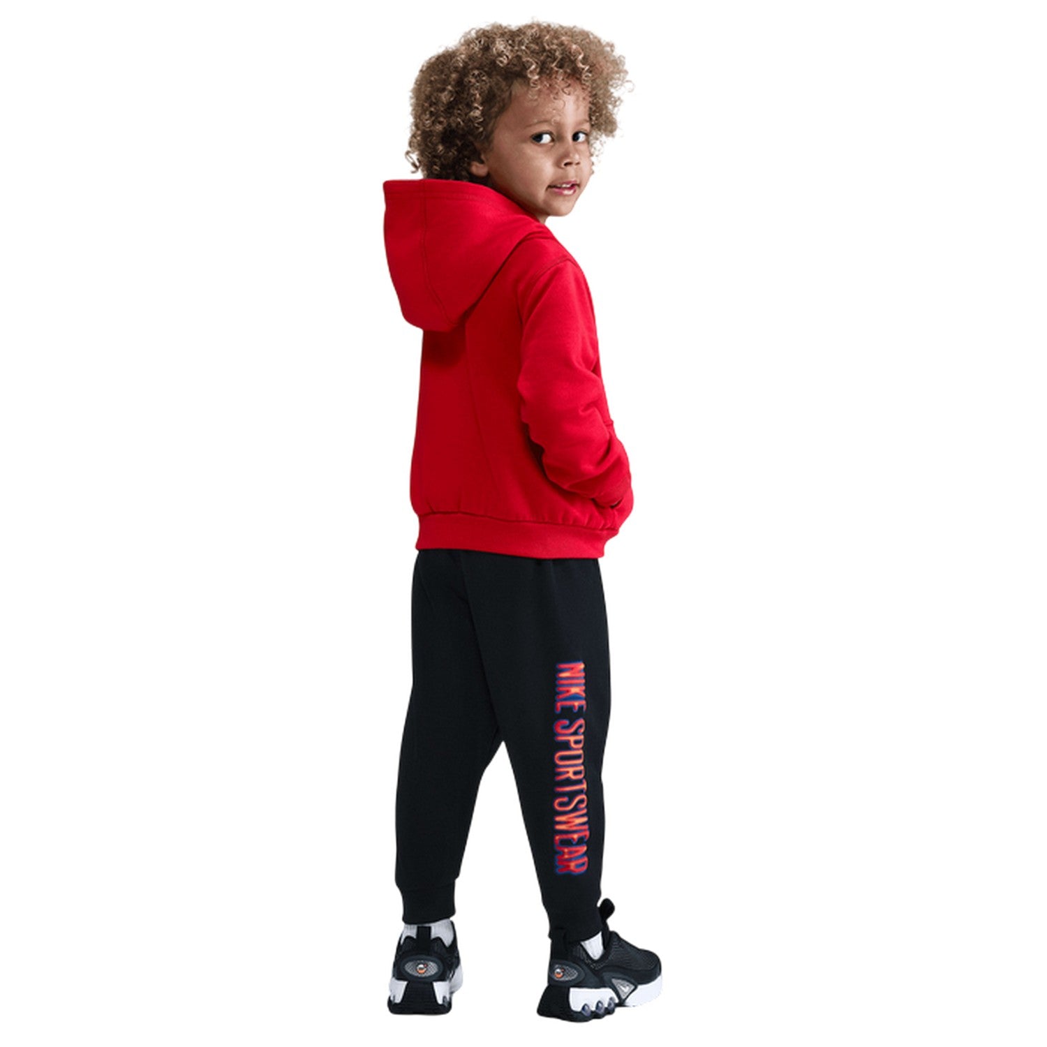 Black-Red - Back - Nike Childrens-Kids Ribbed Cuff Hoodie & Bottom Set