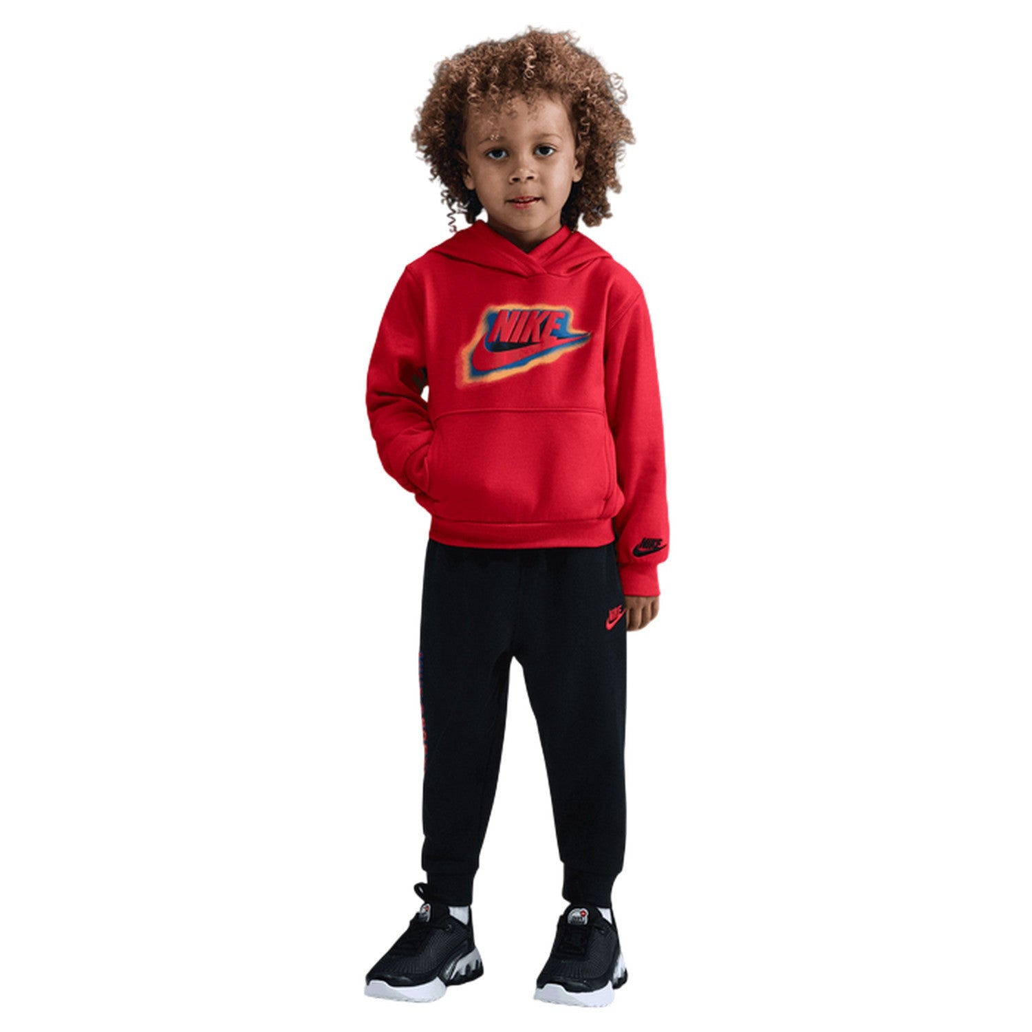 Black-Red - Side - Nike Childrens-Kids Ribbed Cuff Hoodie & Bottom Set
