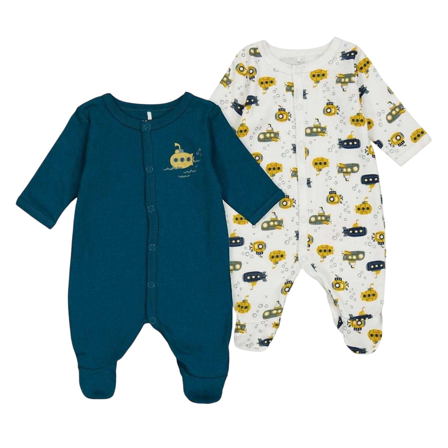 Blue-White - Front - Name It Baby Submarine Crew Neck Long-Sleeved Sleepsuit (Pack of 2)