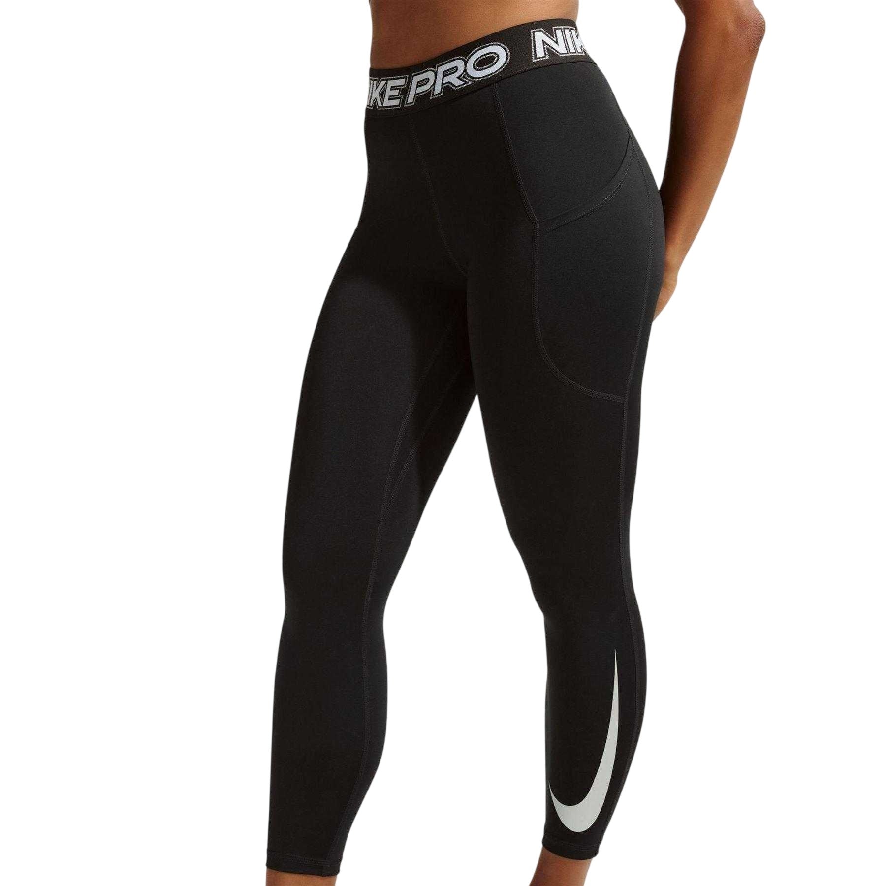 Black-White - Pack Shot - Nike Womens-Ladies Pro Side Pocket 7-8 Leggings
