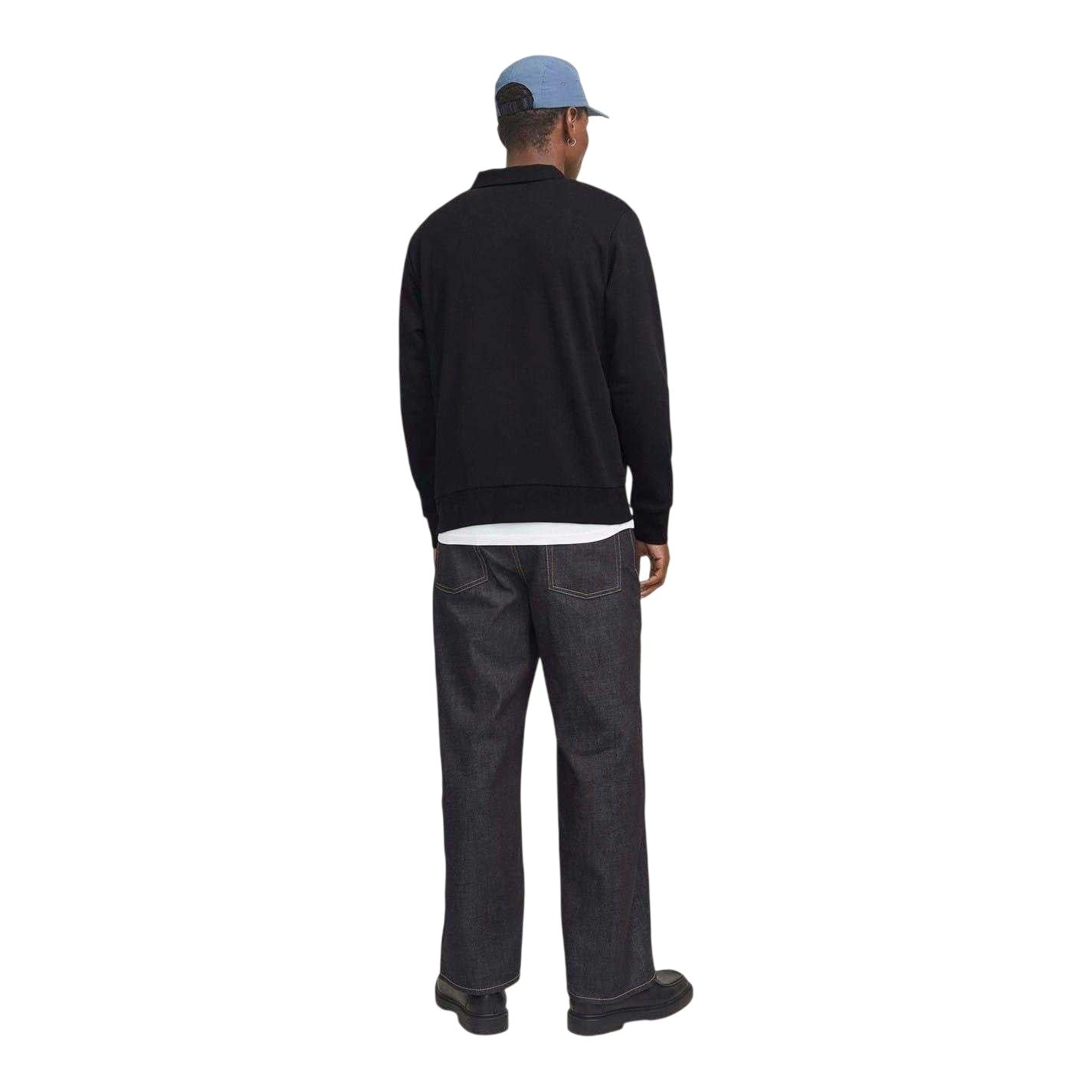 Black - Back - Jack And Jones Mens Cotton Blend Relaxed Fit Long-Sleeved Polo Sweatshirt