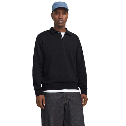 Black - Lifestyle - Jack And Jones Mens Cotton Blend Relaxed Fit Long-Sleeved Polo Sweatshirt