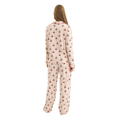 Cherry - Back - Chelsea Peers Womens-Ladies Cherry Cotton Long-Sleeved Pyjama Set