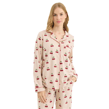 Cherry - Side - Chelsea Peers Womens-Ladies Cherry Cotton Long-Sleeved Pyjama Set