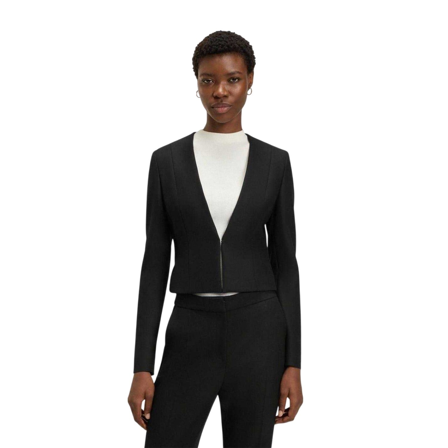 Black - Pack Shot - Boss Womens-Ladies Deep V Regular Cropped Blazer
