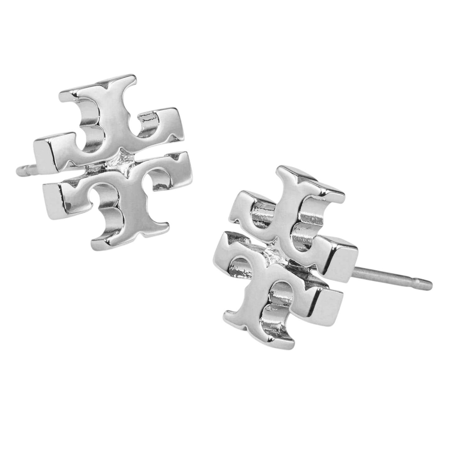 Silver - Back - Tory Burch Gold Plated Logo Stud Earrings