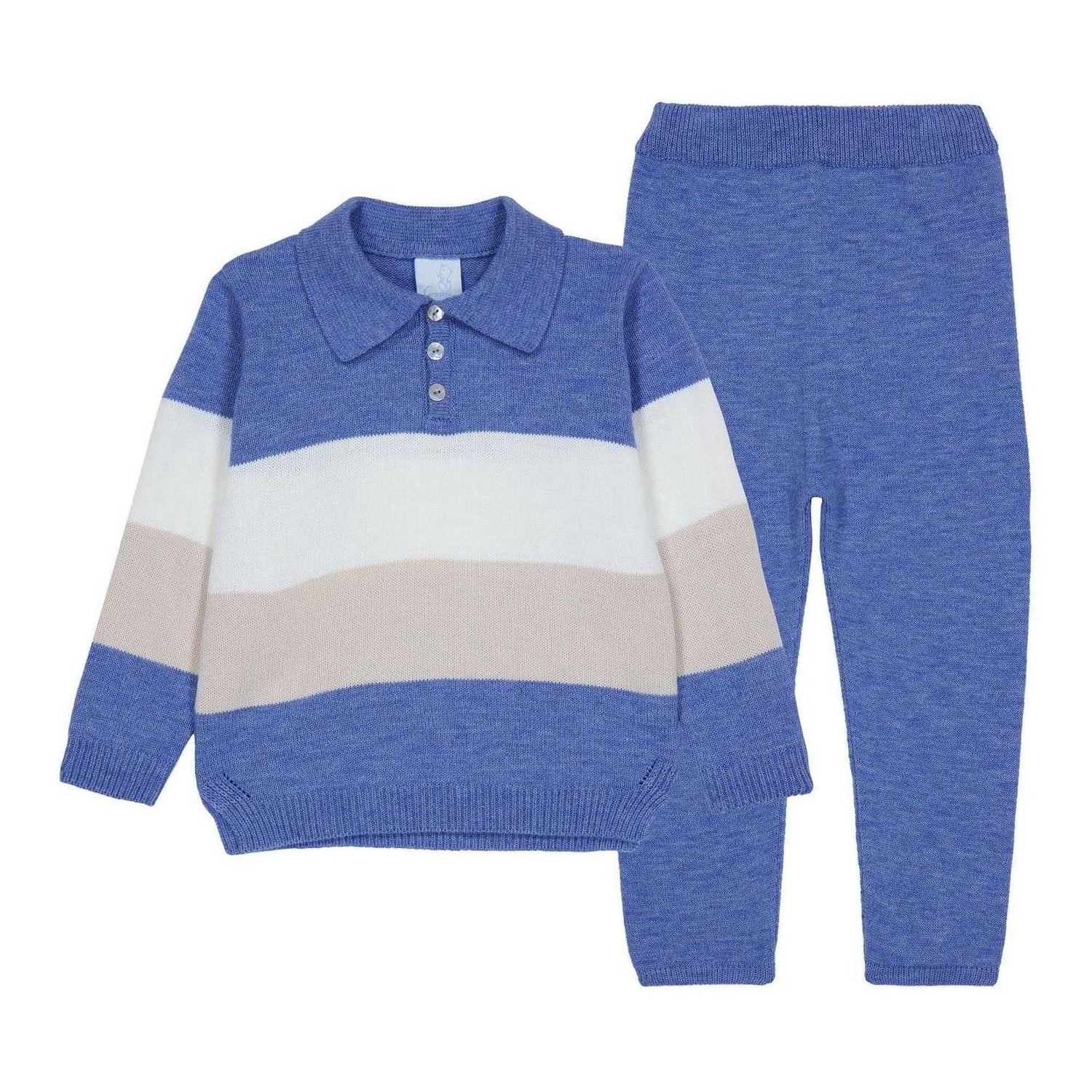 Blue-White-Beige - Front - Artesania Granlei Childrens-Kids Striped Knitted Top And Trousers Set