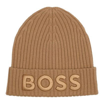 Beige - Front - Boss Lara Embroidered Logo Ribbed Beanie