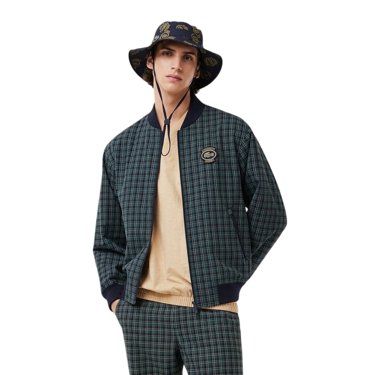 Navy Blue - Front - Lacoste Mens Plaid Regular Bomber Jacket