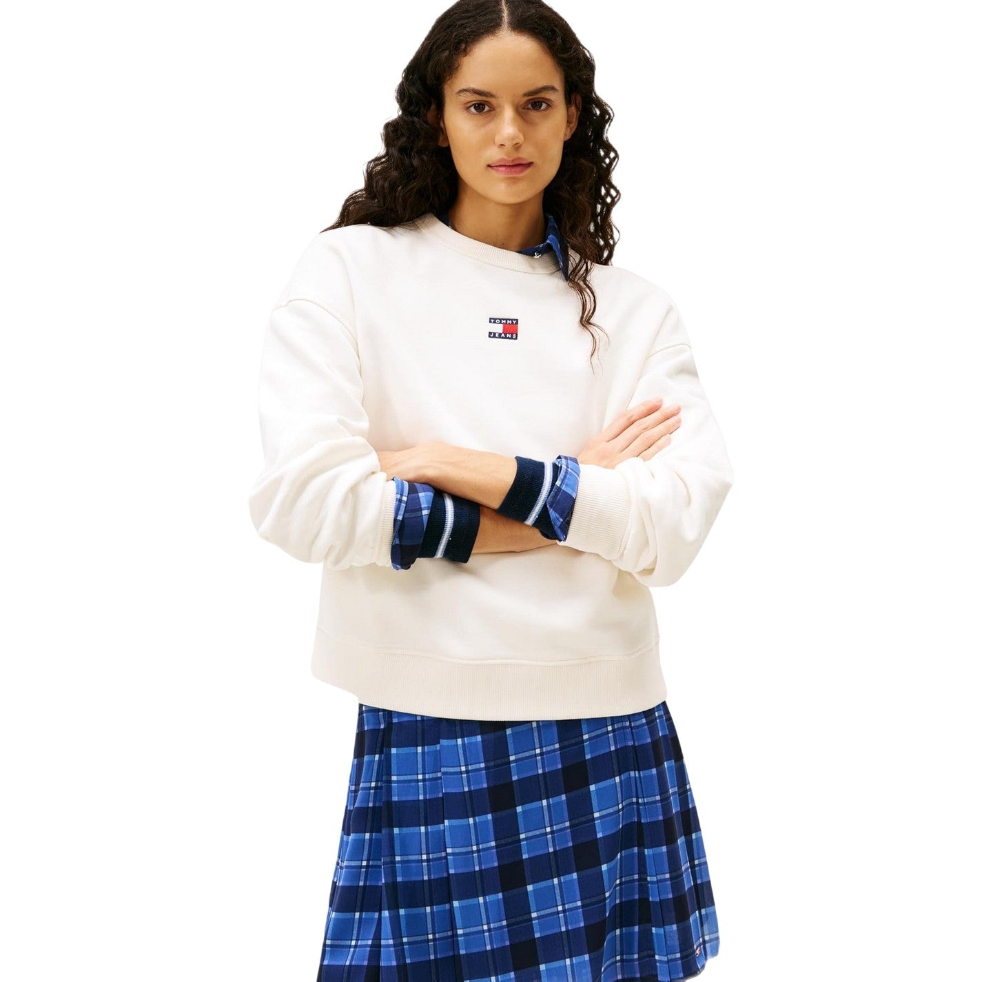 White - Side - Tommy Jeans Womens-Ladies Badge Crew Neck Boxy Sweatshirt