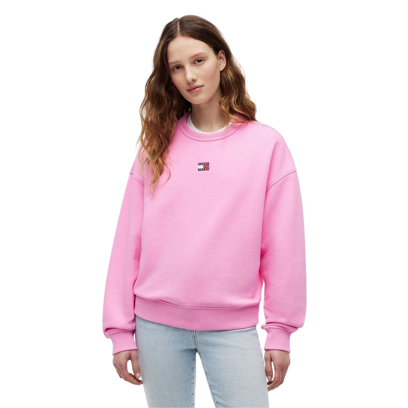 Pink - Side - Tommy Jeans Womens-Ladies Badge Crew Neck Boxy Sweatshirt