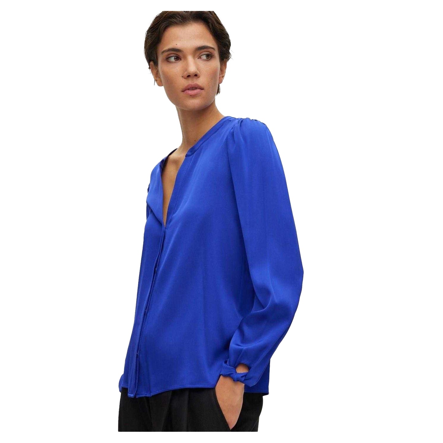 Blue - Back - Boss Womens-Ladies V Neck Relaxed Fit Puff Sleeve Blouse