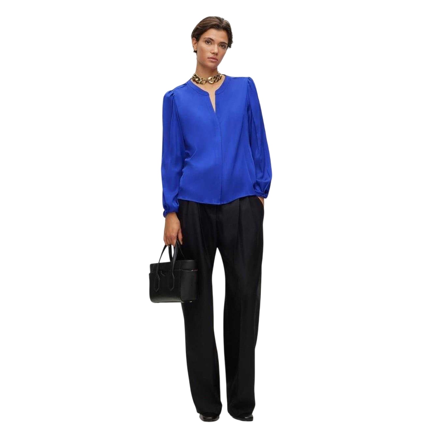 Blue - Side - Boss Womens-Ladies V Neck Relaxed Fit Puff Sleeve Blouse
