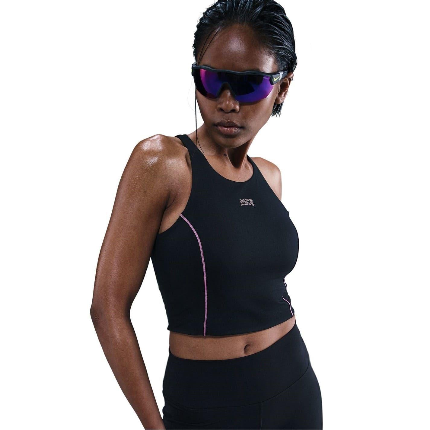 Black-Pink - Front - Nike Womens-Ladies Dri-FIT Cropped Tank Top