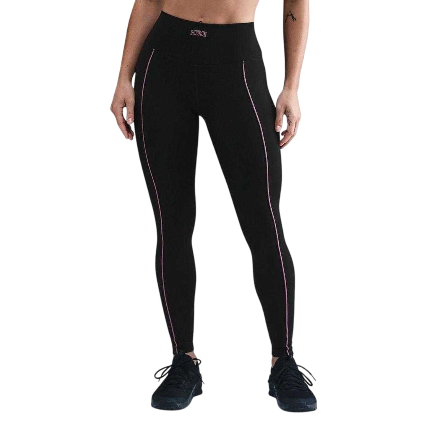 Black-Pink - Front - Nike Womens-Ladies Side Stripe High Waist Tights
