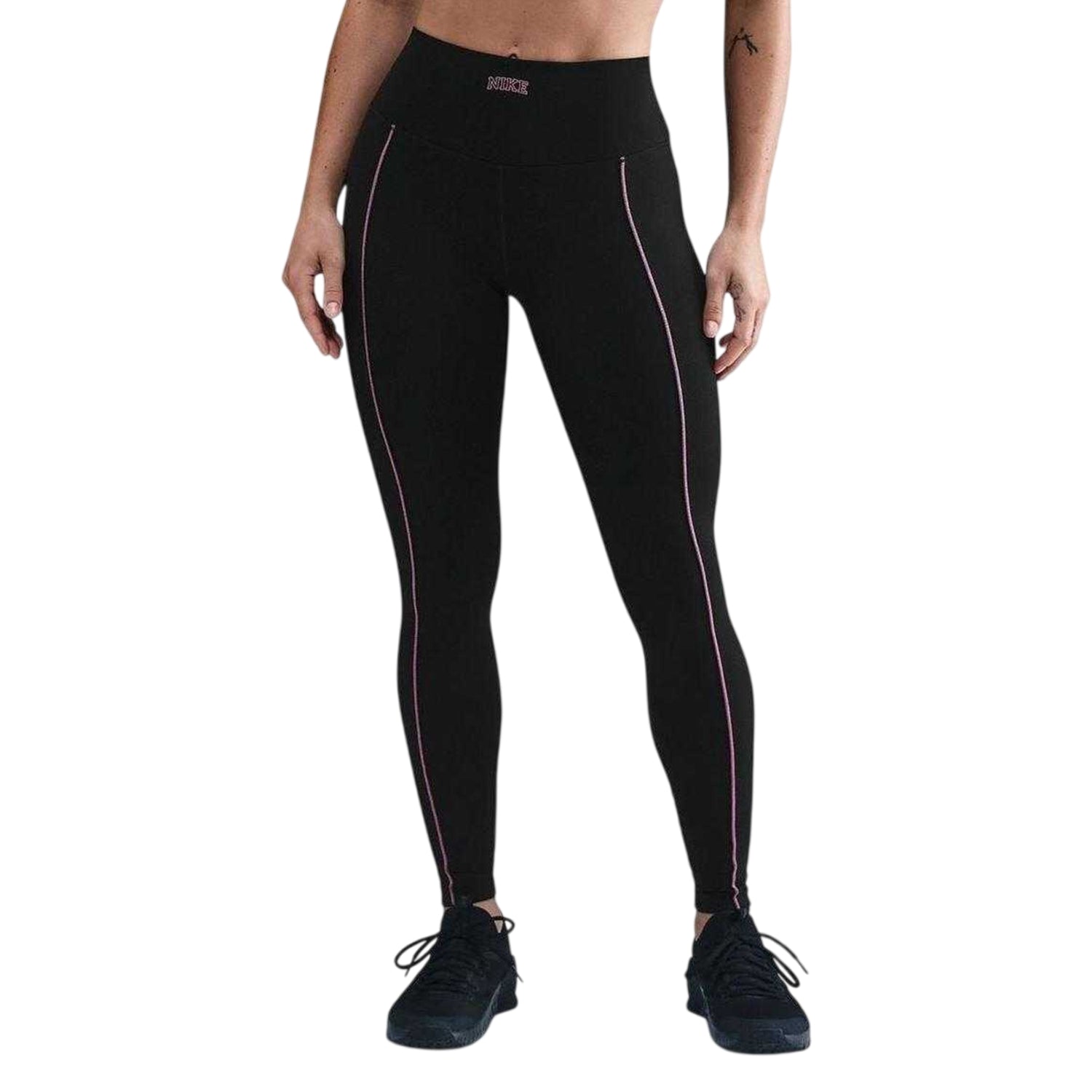 Black-Pink - Front - Nike Womens-Ladies Side Stripe High Waist Tights